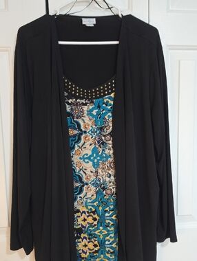 Jaclyn Smith Black Open Cardigan with Blue Patterned Tank